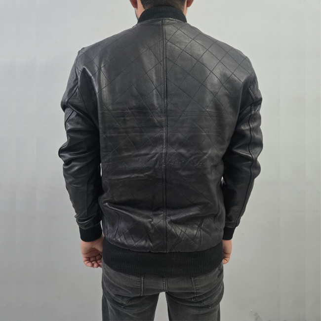 Men's Black Baseball Letterman Varsity Quilted Genuine Leather Bomber Jacket