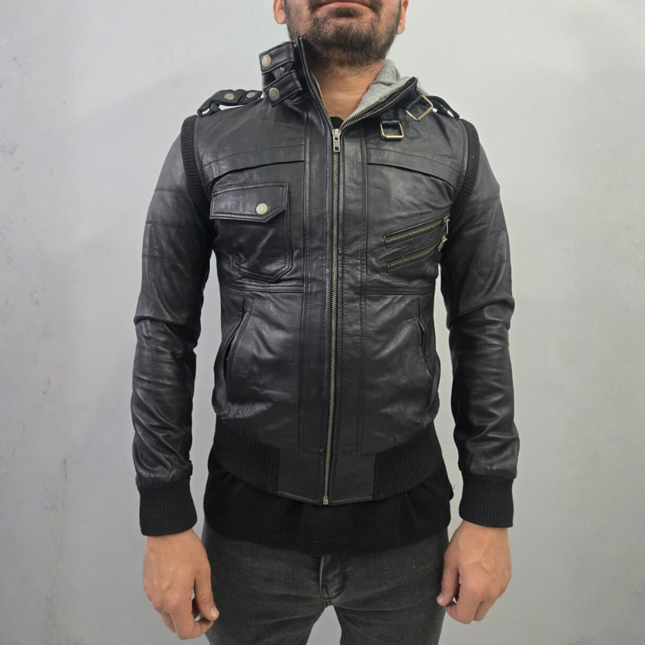 Men's Removable Hoodie Cafe Racer Motorcycle Black Leather Jacket
