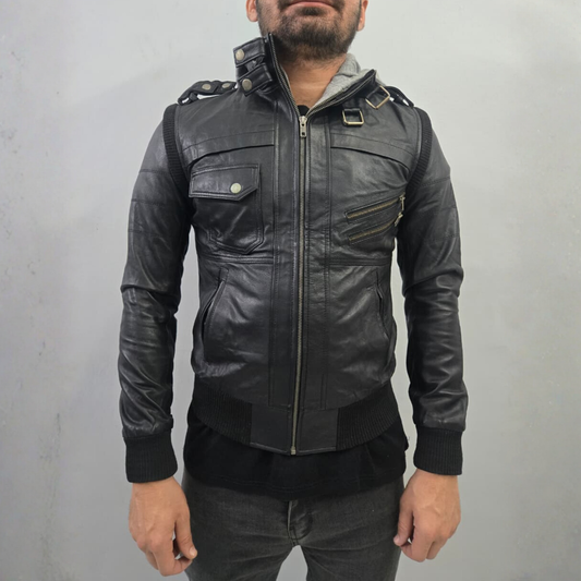 Men's Removable Hoodie Cafe Racer Motorcycle Black Leather Jacket