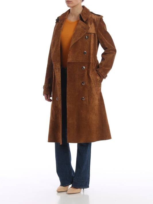 Women's Double-Breasted Suede Leather Brown Haddington Trench Coat