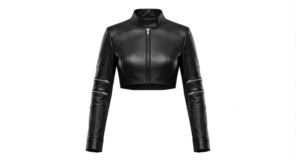 A black leather cropped jacket with a high collar, front zipper, and silver zipper accents on the sleeves, shown against a plain white background.