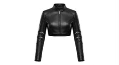 A black leather cropped jacket with a high collar, front zipper, and silver zipper accents on the sleeves, shown against a plain white background.