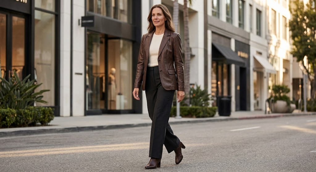 A woman walks down a city street wearing a brown leather blazer, a cream top, and dark charcoal trousers.