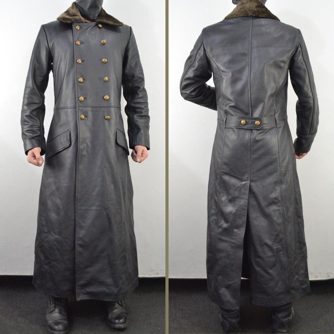 WW2 German Officer Leather Long Coat with 14-Button Set | World War 2 Waffen Elite Military Trench Coat & Replacement Buttons | 1940s Vintage Style