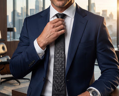 A man in a navy blue suit and white dress shirt adjusting a textured dark gray tie with an alligator or crocodile pattern, set against a blurred office background with a city skyline.
