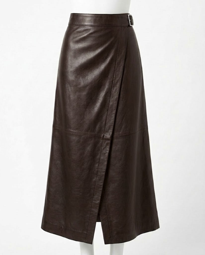A dark brown leather wrap midi skirt with a matching belt, displayed on a white mannequin against a plain white background.