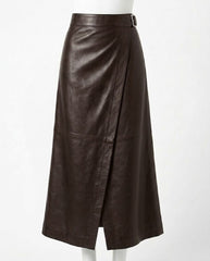 A dark brown leather wrap midi skirt with a matching belt, displayed on a white mannequin against a plain white background.