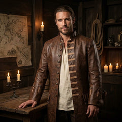 A man wearing a brown leather pirate-style coat over a cream linen shirt, standing in a dimly lit wooden room with candles, maps, and ropes.
