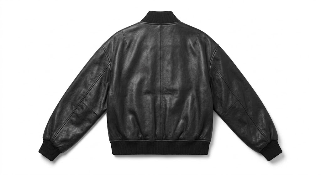 A black leather bomber jacket shown from the back, featuring a smooth leather body, ribbed collar, cuffs, and hem, photographed against a plain white background.