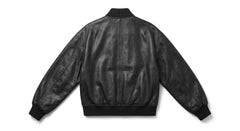 A black leather bomber jacket shown from the back, featuring a smooth leather body, ribbed collar, cuffs, and hem, photographed against a plain white background.