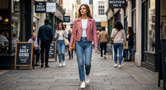 A woman walking down a city street wearing a pink leather jacket, white top, blue jeans, and white sneakers. Shops and pedestrians are visible in the background.