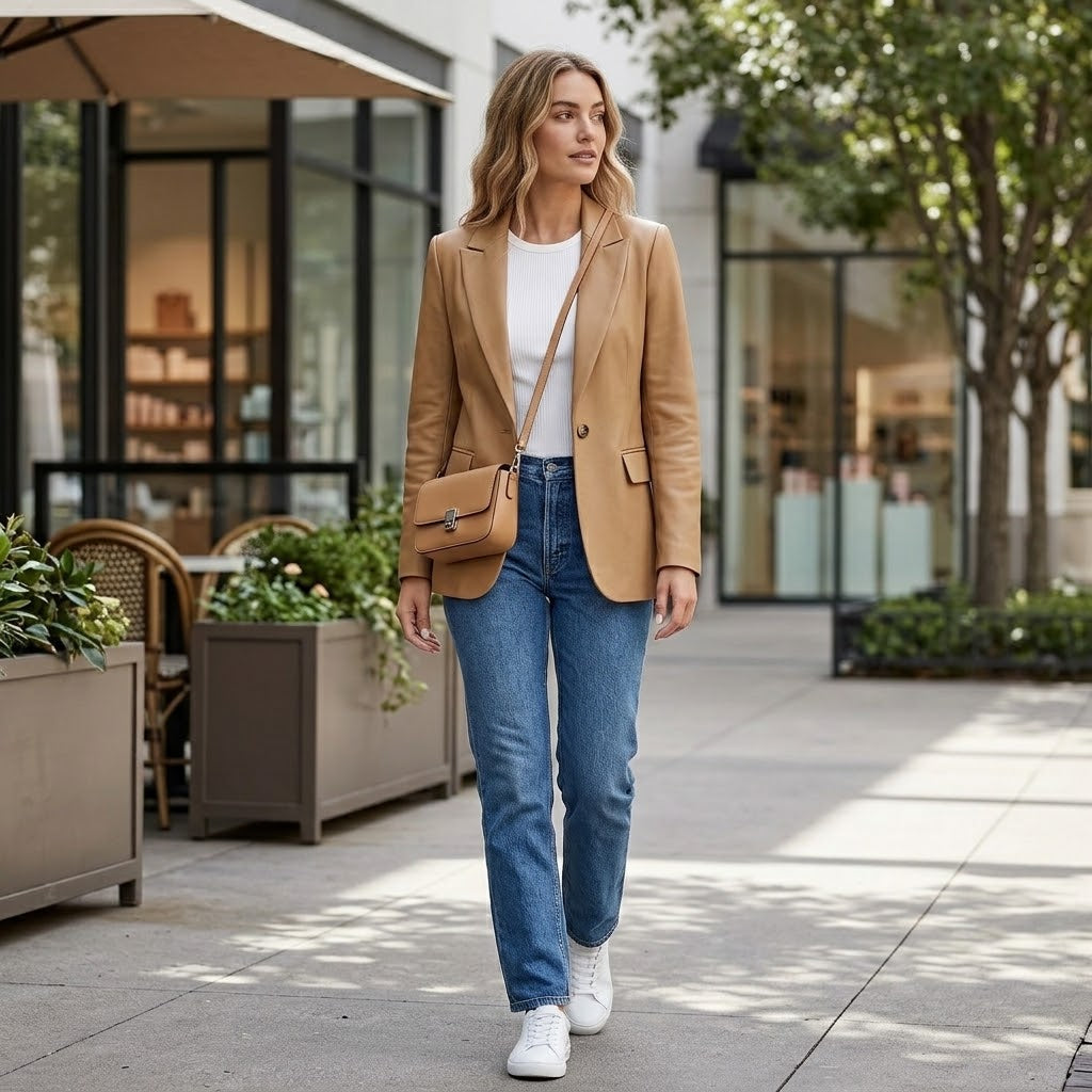 A woman walking outdoors on a city sidewalk wearing a tan blazer, white t-shirt, blue jeans, and white sneakers, with a matching tan crossbody bag.