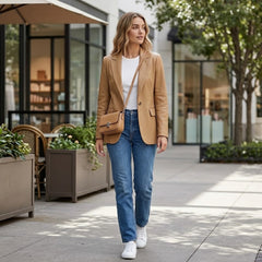 A woman walking outdoors on a city sidewalk wearing a tan blazer, white t-shirt, blue jeans, and white sneakers, with a matching tan crossbody bag.
