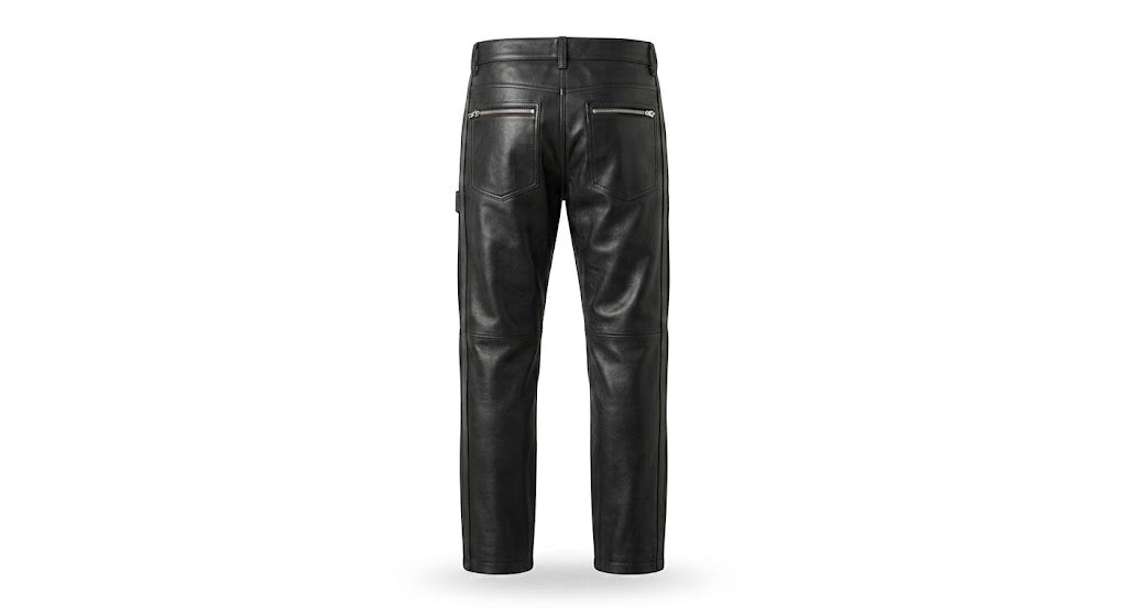 Black leather pants shown from the back, featuring zippered pockets and a straight-leg silhouette, set against a plain white background.