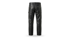 Black leather pants shown from the back, featuring zippered pockets and a straight-leg silhouette, set against a plain white background.
