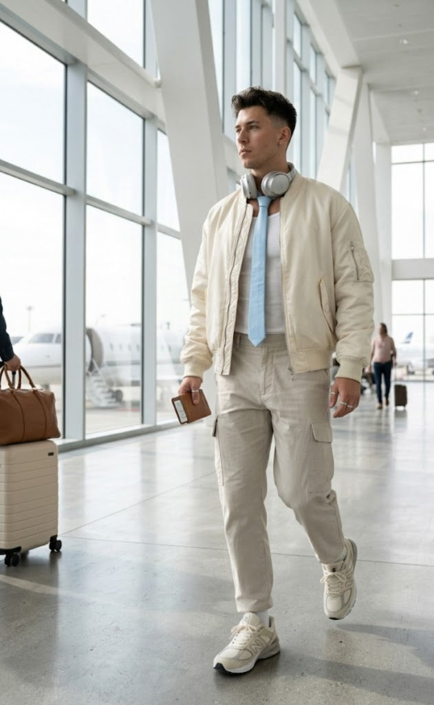 A man walking through an airport terminal wearing a cream-colored bomber jacket, matching cargo pants, a light blue tie, and white sneakers, with headphones around his neck.