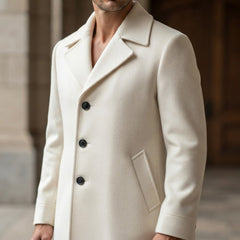 Men’s White Wool Trench Coat with Half-Belted Back
