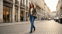A woman walking down a cobblestone city street wearing an olive green leather jacket, blue jeans, and black boots, carrying a black shoulder bag. Storefronts including CLAIREFONT and ARTHOUSE are visible in the background.