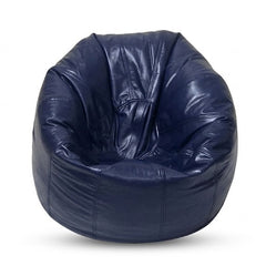 A navy blue leather bean bag chair with a rounded, cushioned shape, shown against a plain white background.