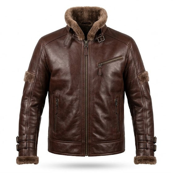 Men’s Brown Genuine Leather Jacket with Fur Collar – Aviator Style