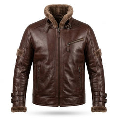 Men’s Brown Genuine Leather Jacket with Fur Collar – Aviator Style