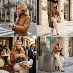 A four-panel lifestyle collage showing a woman wearing a tan-brown leather jacket with cream pants and a black turtleneck in various urban settings: crossing a street, walking on a city sidewalk, sitting at a cafe, and leaning against a modern metal sculpture.