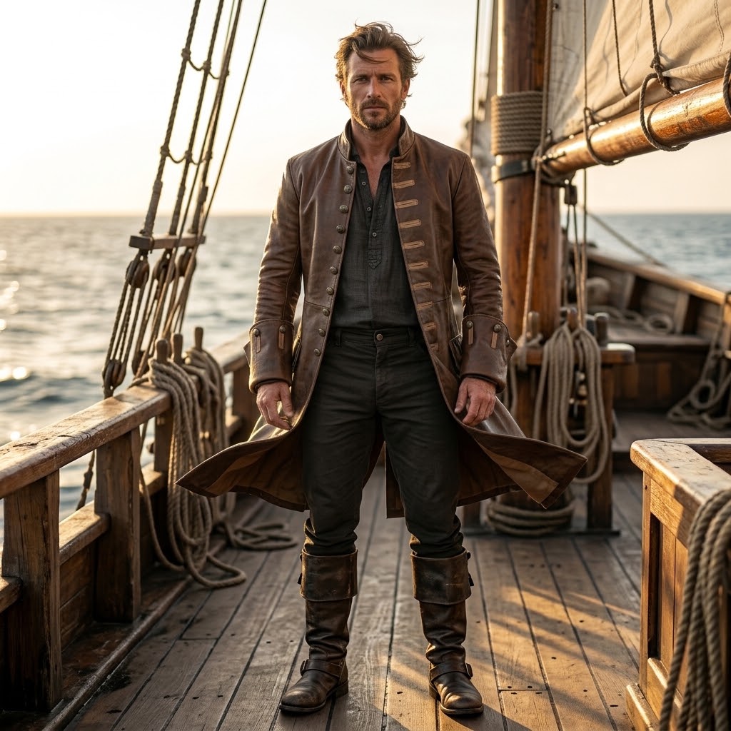 A man stands on the deck of a wooden sailing ship at sunset, wearing a brown long coat over a dark shirt and pants, with tall leather boots. Ropes, rigging, and ocean water are visible in the background.