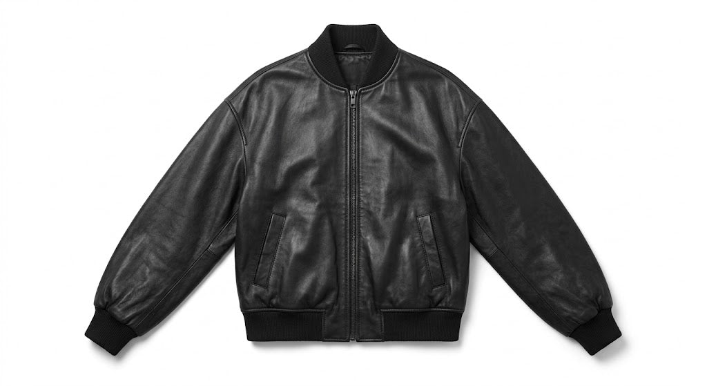 A black leather bomber jacket with a front zipper, ribbed collar, cuffs, and hem, displayed flat against a white background.