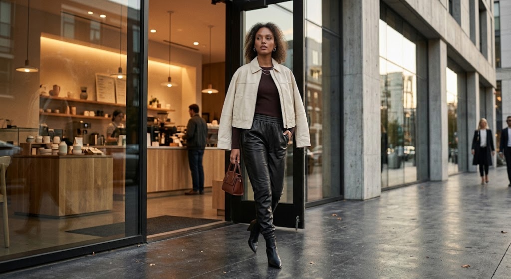 A woman walks out of a modern glass-front storefront wearing a light beige jacket over a dark brown top, black leather pants, and black ankle boots, holding a small brown handbag.