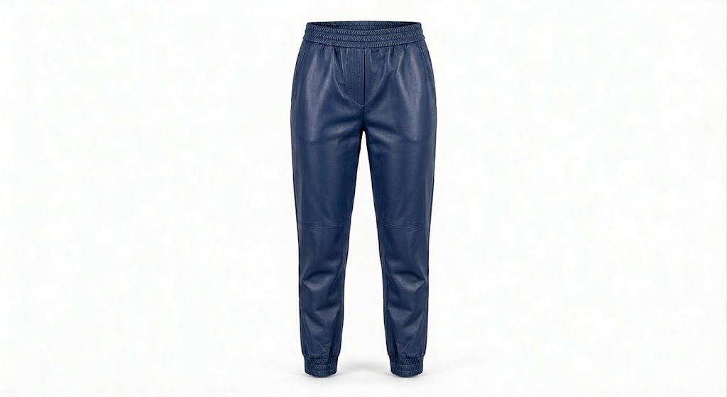 A pair of dark blue leather pants with an elastic waistband and tapered legs, shown against a plain white background.