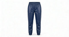 A pair of dark blue leather pants with an elastic waistband and tapered legs, shown against a plain white background.