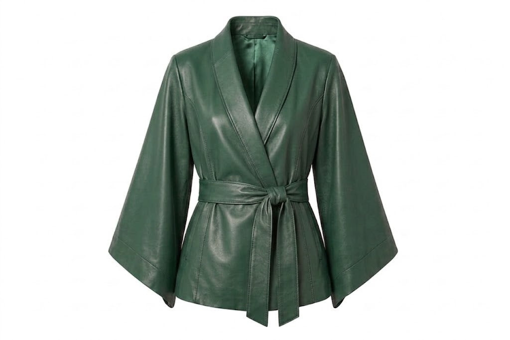 A dark green leather kimono-style jacket with wide sleeves and a matching tie belt, displayed on a clean white background.