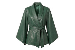 A dark green leather kimono-style jacket with wide sleeves and a matching tie belt, displayed on a clean white background.