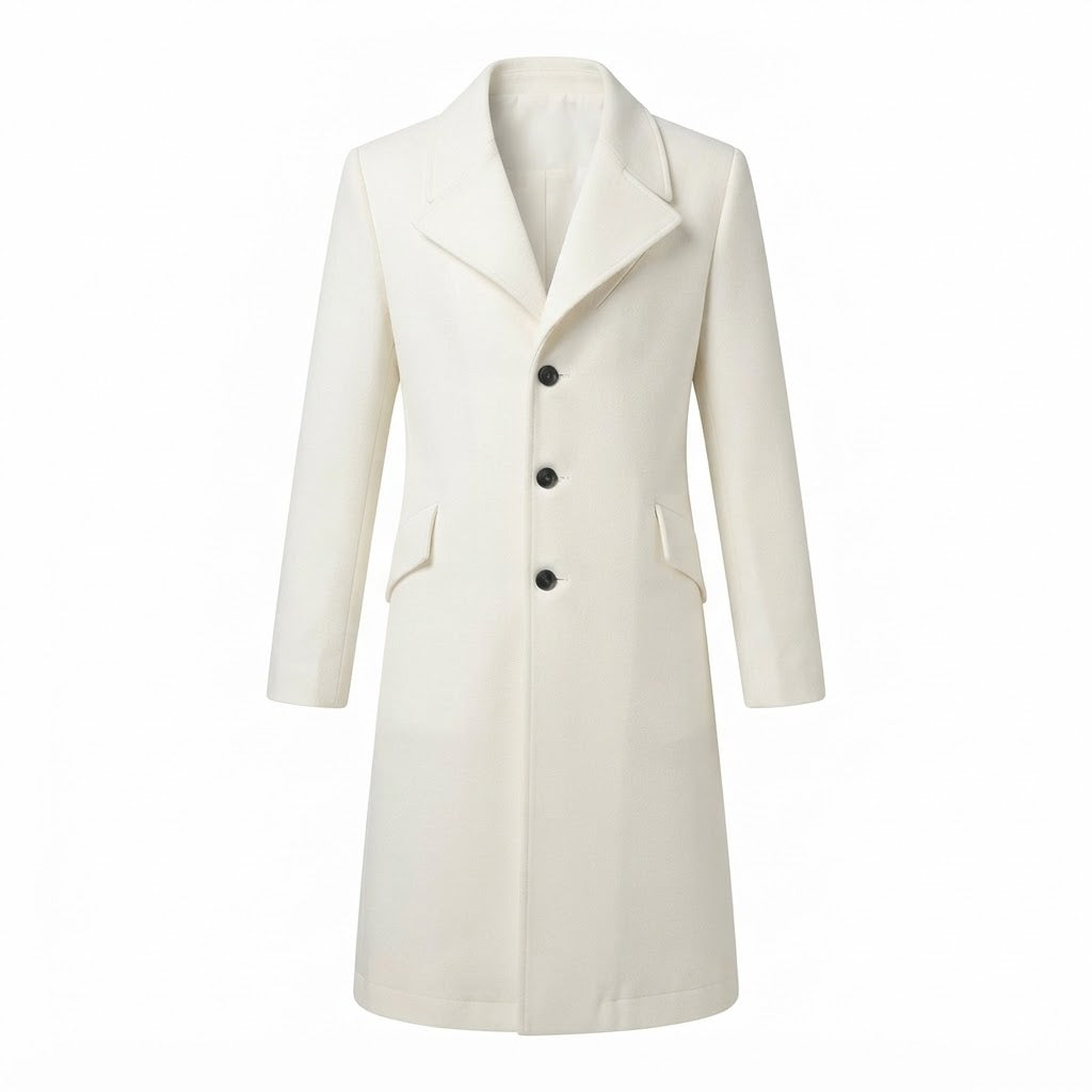Men’s White Wool Trench Coat with Half-Belted Back