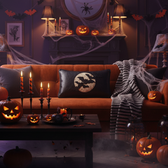 A cozy Halloween-themed living room scene with an orange sofa, black pillows including one with a bat-and-moon print, a striped throw blanket, lit candles, jack-o'-lanterns, spiderwebs, and spooky decor in the background.