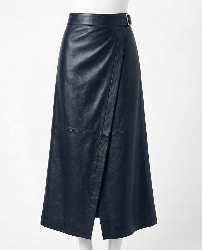A dark navy blue leather wrap midi skirt with a side slit and a matching belt, displayed on a white mannequin against a plain white background.