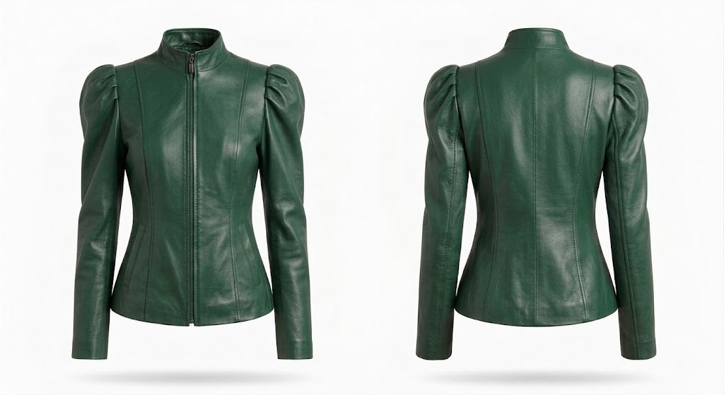 A dark green leather jacket with puff sleeves and a high stand collar, shown from both the front and back views against a plain white background.