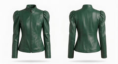 A dark green leather jacket with puff sleeves and a high stand collar, shown from both the front and back views against a plain white background.