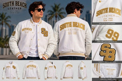 A collage showing a white varsity-style leather jacket from multiple angles, worn by a male model in front and back views, plus close-up detail panels. The jacket has gold and tan lettering reading SOUTH BEACH LEATHER, a large SB monogram on the chest and back, and gold trim on the collar, cuffs, and hem.