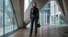 A woman stands in a modern architectural walkway wearing a black leather jacket, black top, and dark gray trousers, holding a black handbag.
