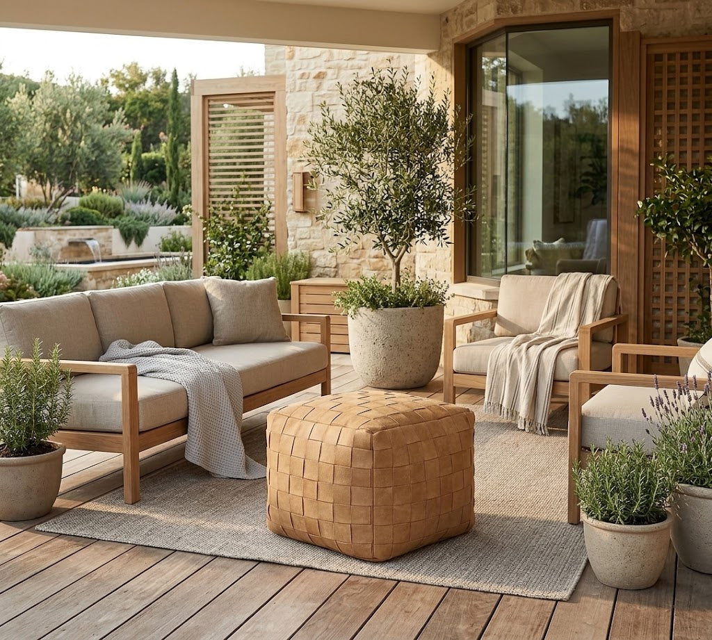 Outdoor patio furniture set with a light wood frame, beige cushions, a woven tan pouf, and neutral throw blankets, arranged on a rug over a wooden deck with potted plants and a stone wall background.