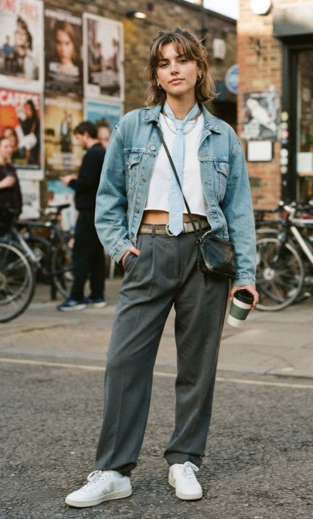A woman stands on a city street wearing a light blue denim jacket over a white cropped top, dark gray wide-leg trousers, white sneakers, and carrying a small black crossbody bag while holding a takeaway coffee cup.