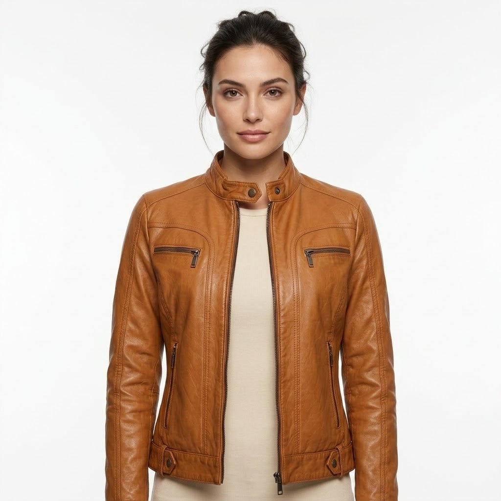 A woman modeling a tan leather motorcycle jacket with a stand collar, zippered chest pockets, and zippered side pockets, worn over a cream top against a plain white background.