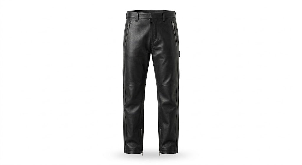 Black leather pants with side zippers, shown on a plain white background.