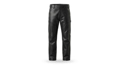 Black leather pants with side zippers, shown on a plain white background.