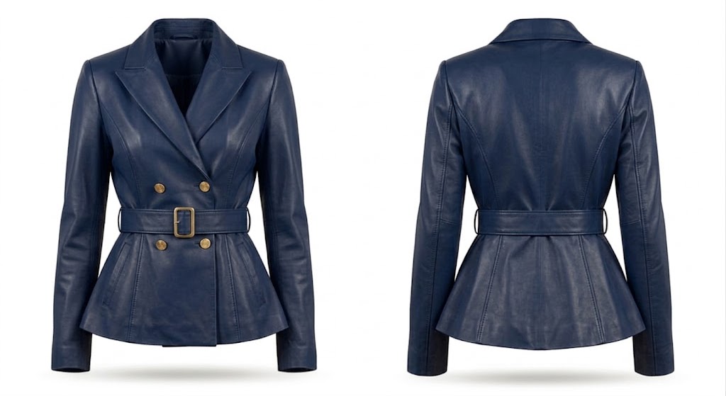 A navy blue leather blazer shown from both the front and back views. The blazer features a double-breasted design with gold buttons, a matching waist belt with a gold buckle, and a peplum-style hem.