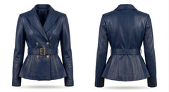 A navy blue leather blazer shown from both the front and back views. The blazer features a double-breasted design with gold buttons, a matching waist belt with a gold buckle, and a peplum-style hem.