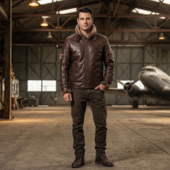 Men’s Brown Genuine Leather Jacket with Fur Collar – Aviator Style