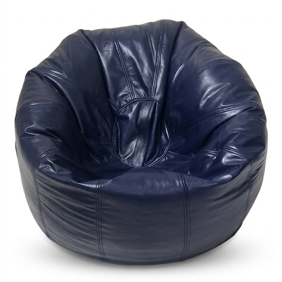 A round, deep navy blue leather bean bag chair with a glossy finish, photographed against a solid white background.