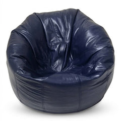 A round, deep navy blue leather bean bag chair with a glossy finish, photographed against a solid white background.